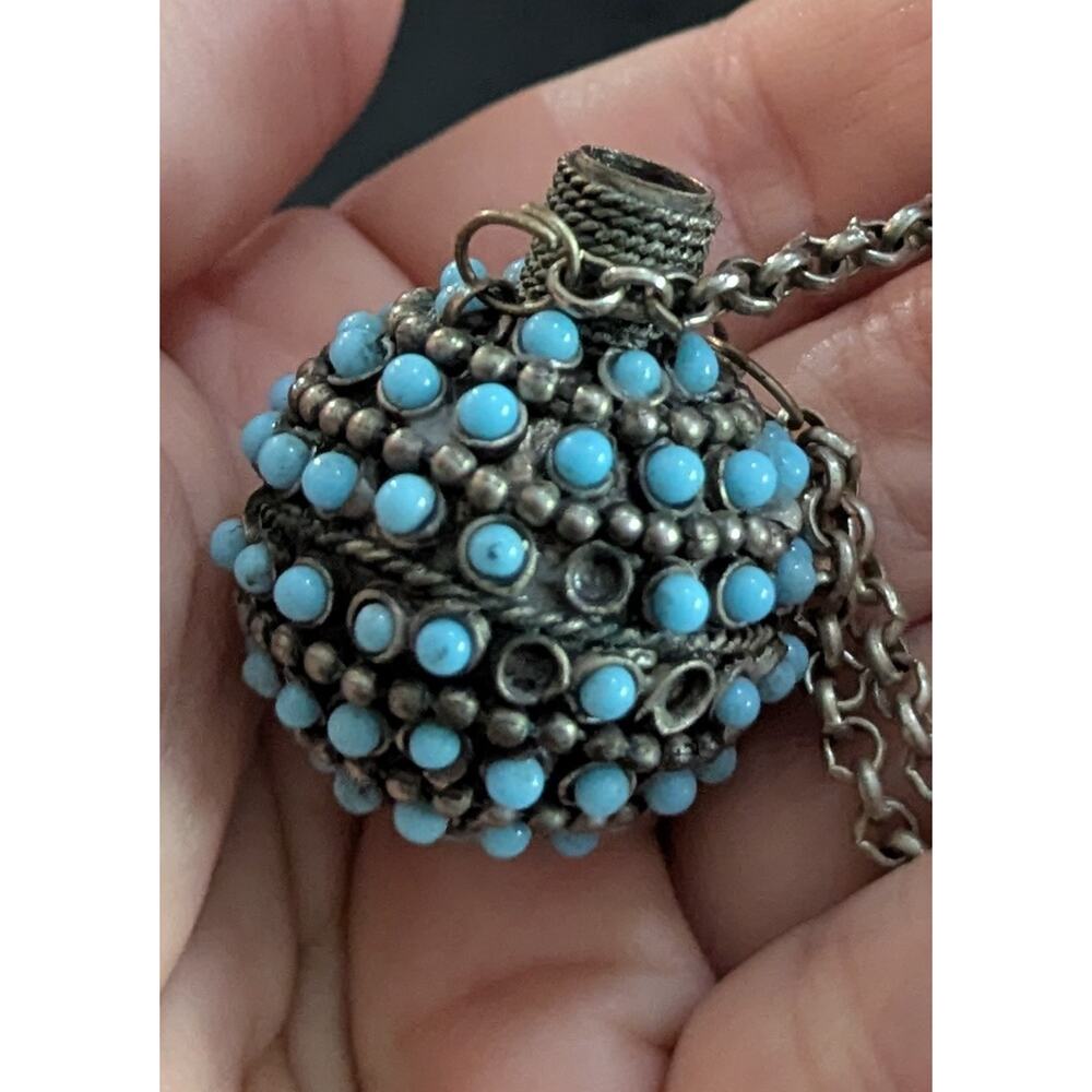 Vtg Turquoise Snuff Scent Bottle Necklace Tibetan Silver Perfume Poison Pendant - Picture 5 of 12